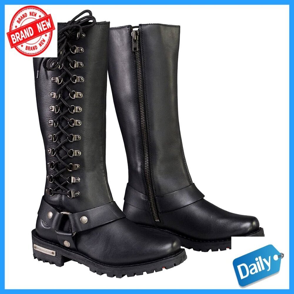 Classic Leather Motorcycle Boots Harness Square Toe Tall Height Adjustable